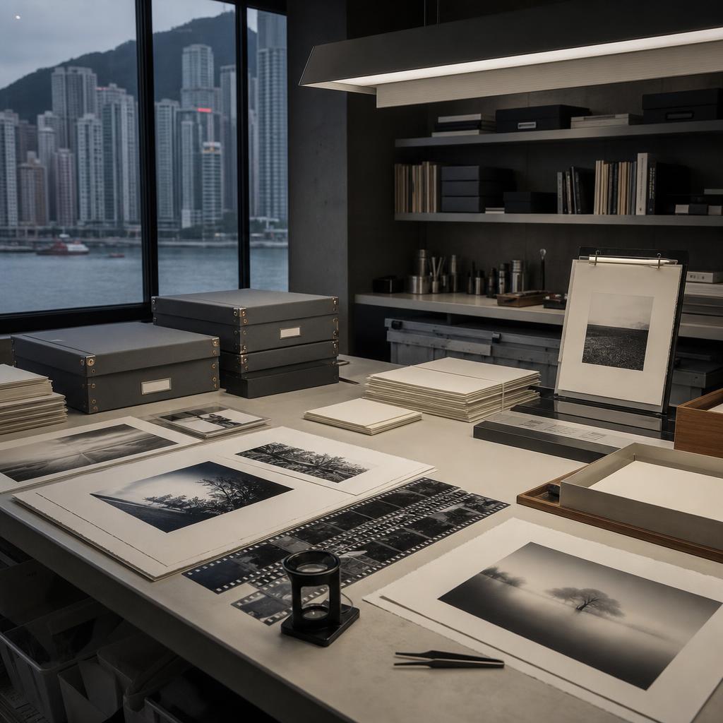 Fine-art photographic paper samples, archival boxes, and black-and-white negatives in a print studio