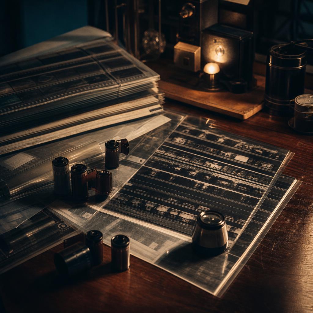 Film canisters, archival negative sleeves, a loupe, and contact sheets on a workbench